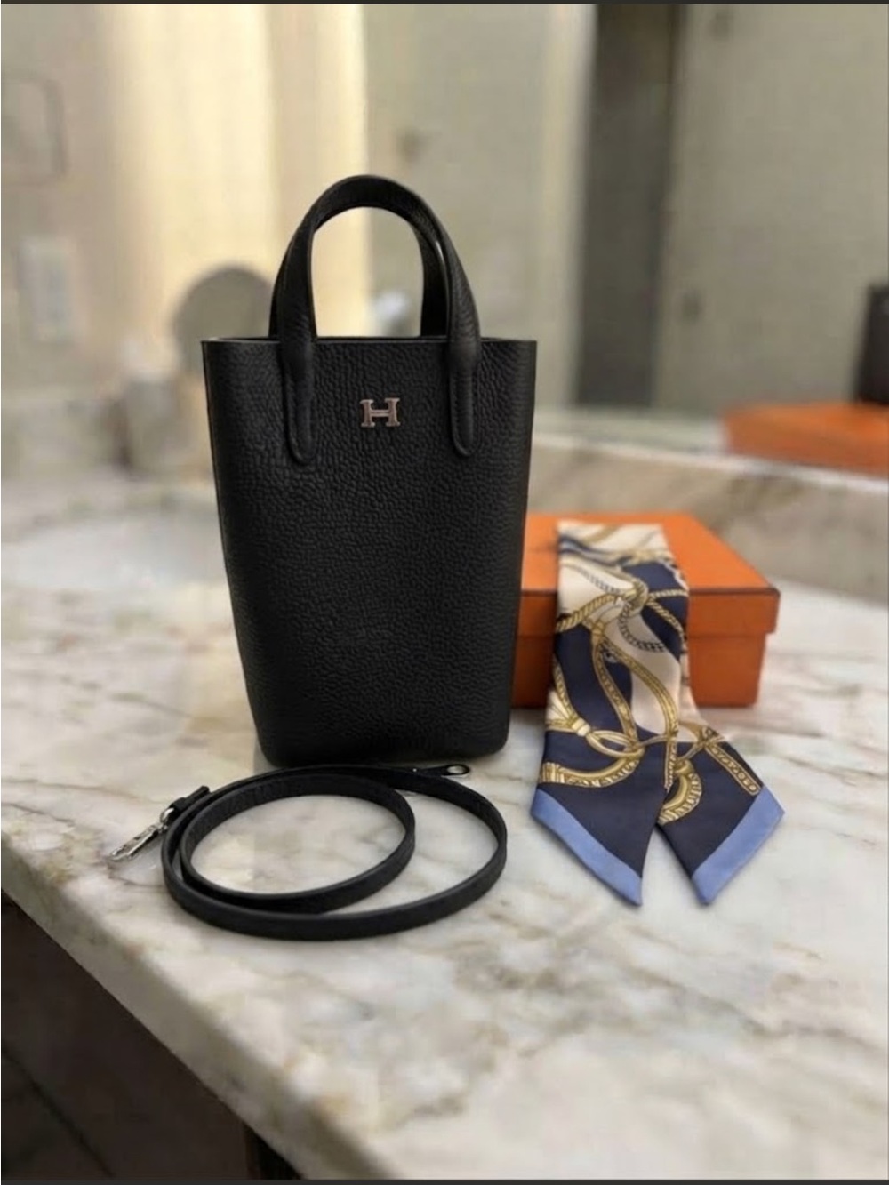Black Pebbled Leather Phone bag/Mini Tote Crossbody